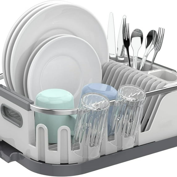 Dish Drying Rack for Kitchen Counter, Compact Dish Drainer with Drainboard, Utensil Holder and Cup Rack, Plastic Kitchen Drying Rack for Dishes, Cups, Knives, Spoons and Forks, White