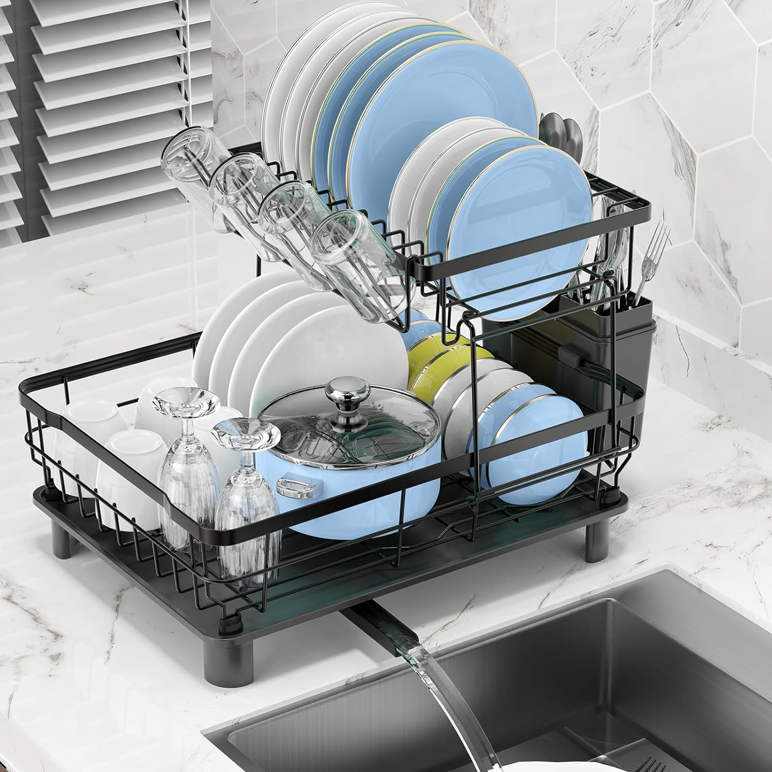 Black Stainless Steel 2-Tier Dish Drying Rack with Utensil Cup