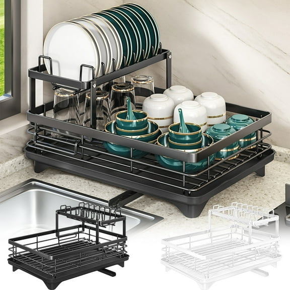 Dish Drying Rack – Kitchen Counter Drainer | Two-Tier Large Capacity, Utensil Holder, Space Saving, Easy Assembly, Carbon Steel | White | 16.73x11.81x9.25in