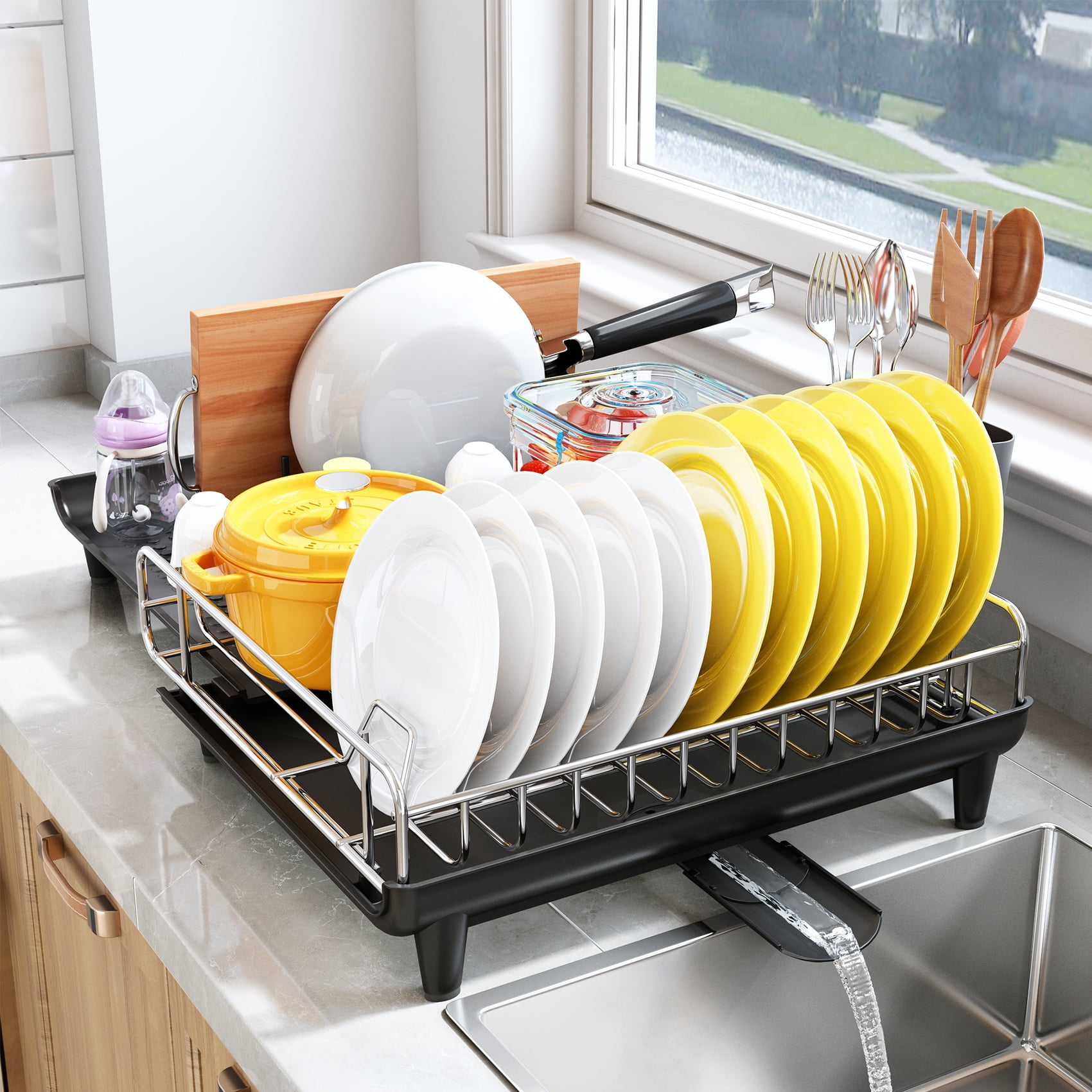 Dish Drying Rack, Kitchen Counter Dish Drainers Rack Expandable(16.9 to  26.8), Auto-Drain Drainboard Stainless Steel Large Strainers Drying Rack  with Pan Holder Utensil Holder Caddy Organizer, Black 