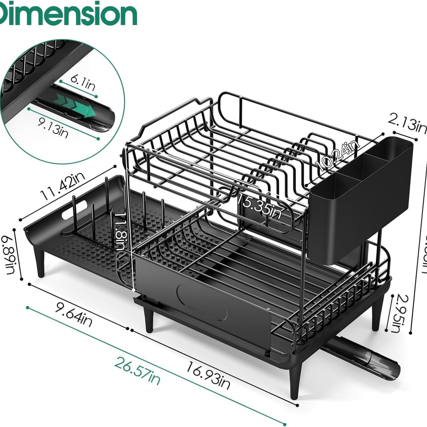 Dish Drying Rack for Kitchen Counter, Expandable 2 Tier Dish Rack, Large Capacity Dish Drainer with Drainboard Multifunctional Dish Strainer with Removable Cutlery Holder Black