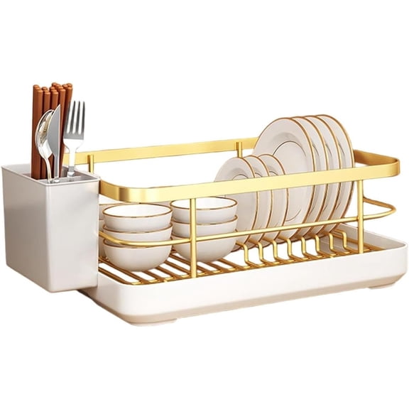 Dish Drying Rack Kitchen Counter Space Saving Gold Drainer With Drip Tray Cutlery Holder Carbon Steel Removable