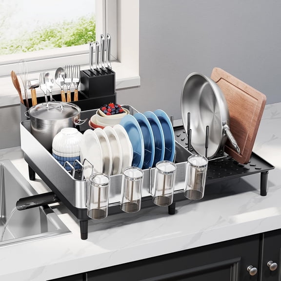 Dish Drying Rack for Kitchen Counter - Stainless Steel Dish Drainer with Drain Board, Removable Utensil Holder, Rust-Proof Plate, Non-Slip Feet, Large Capacity for 10 Plates 6 Bowls 4 Cups