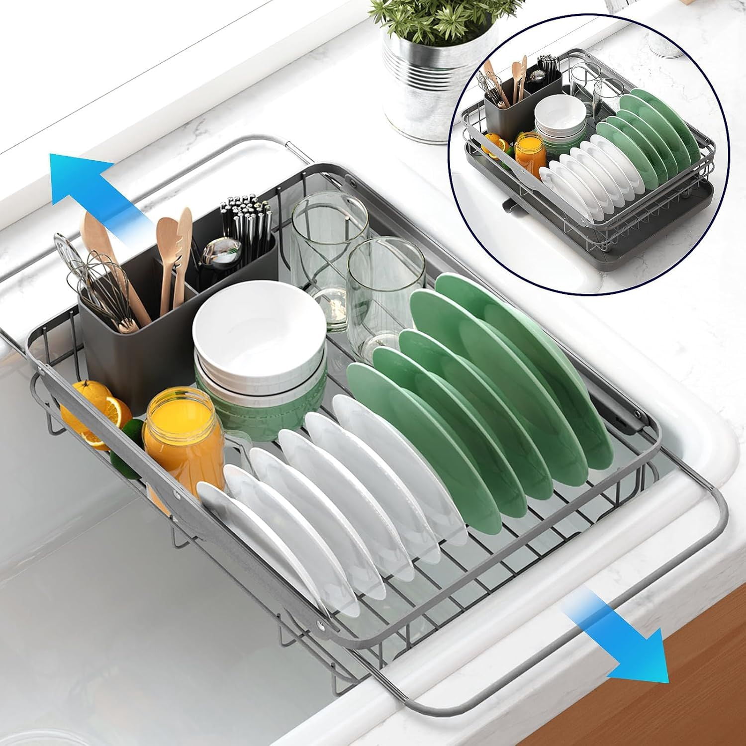 Dish Drying Rack for Kitchen Counter, Stainless Steel Sink Organization and Storage Essentials with Cutlery Holder, Home and Appartment Decor, 12.2"W x 15.7"~23"L