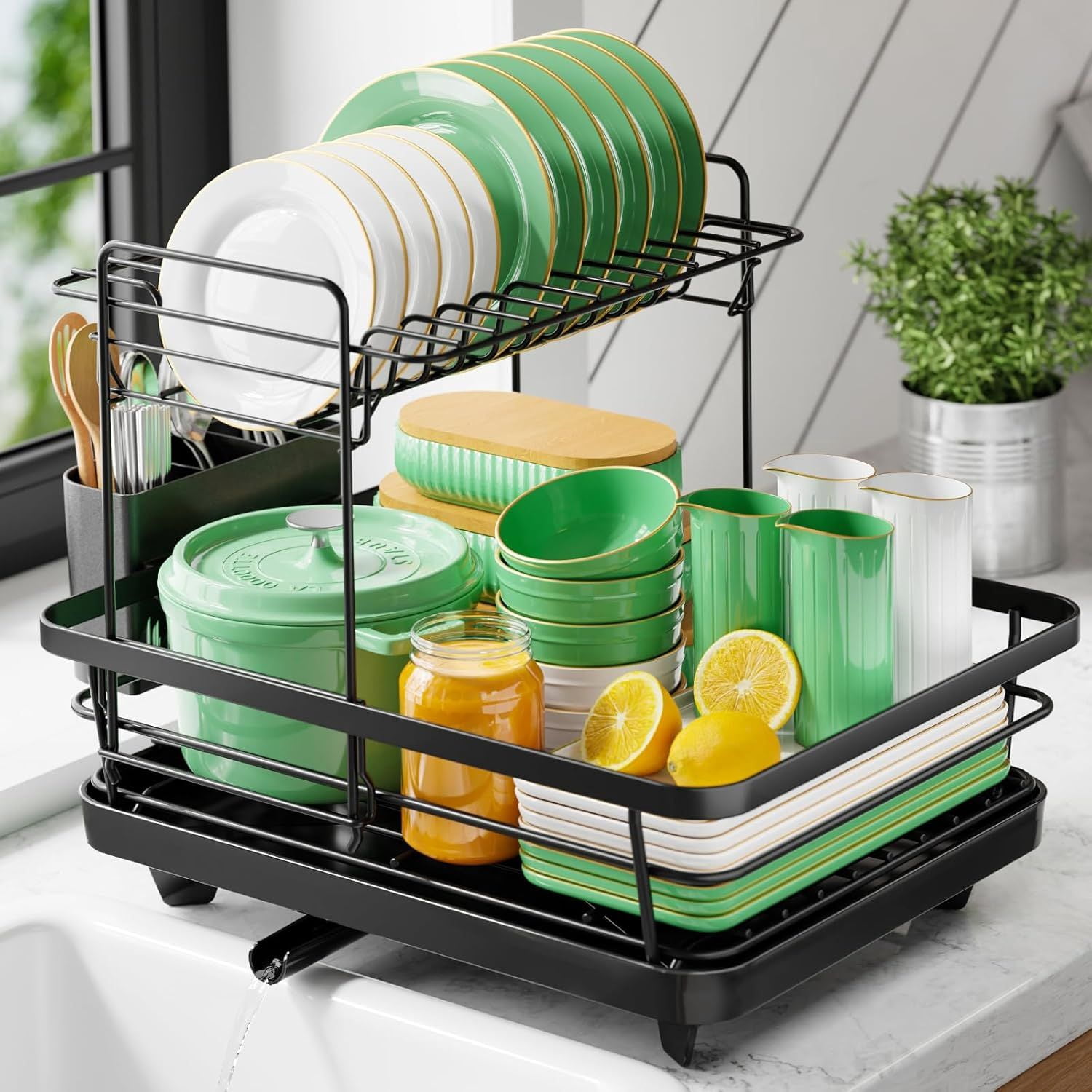 Dish Drying Rack for Kitchen Counter, Stainless Steel Sink Organization and Storage Essentials with Cutlery Holder, Home and Appartment Decor, 12"W x 15.5"L, 2 Tiers, Black