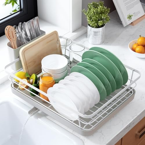 Dish Drying Rack for Kitchen Counter, Stainless Steel Sink Organization and Storage Essentials with Cutlery Holder, Home and Appartment Decor, 12''W x 15.5''L, Light Grey