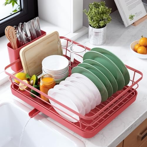 Dish Drying Rack for Kitchen Counter, Stainless Steel Sink Organization and Storage Essentials with Cutlery Holder, Home and Appartment Decor, 12''W x 15.5''L, Red