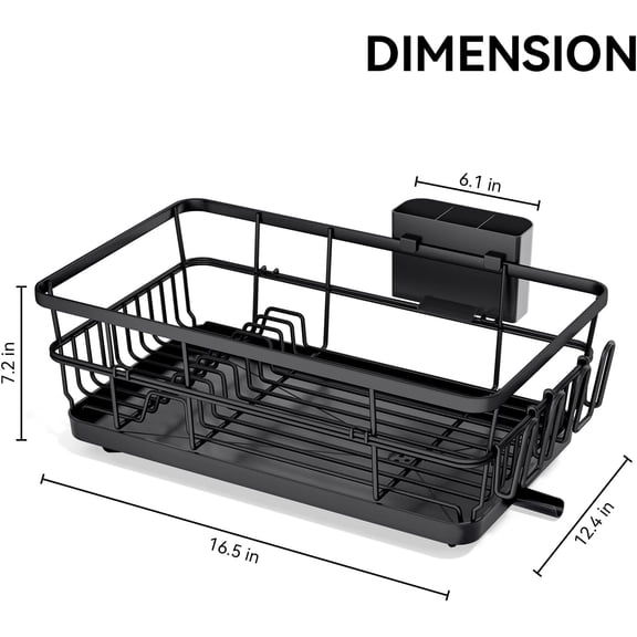 Dish Drying Rack for Kitchen Counter, Stainless Steel Sink Organizer with Cutlery Holder and Drainboard, Space Saving Black Drainer for Home and Apartment