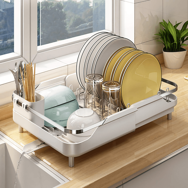 Dish Drying Rack, Kitchen Dish Drainer Rack, Expandable(13.2-19.7)  Stainless Steel Sink Organizer Dish Rack and Drainboard Set with Utensil  Holder