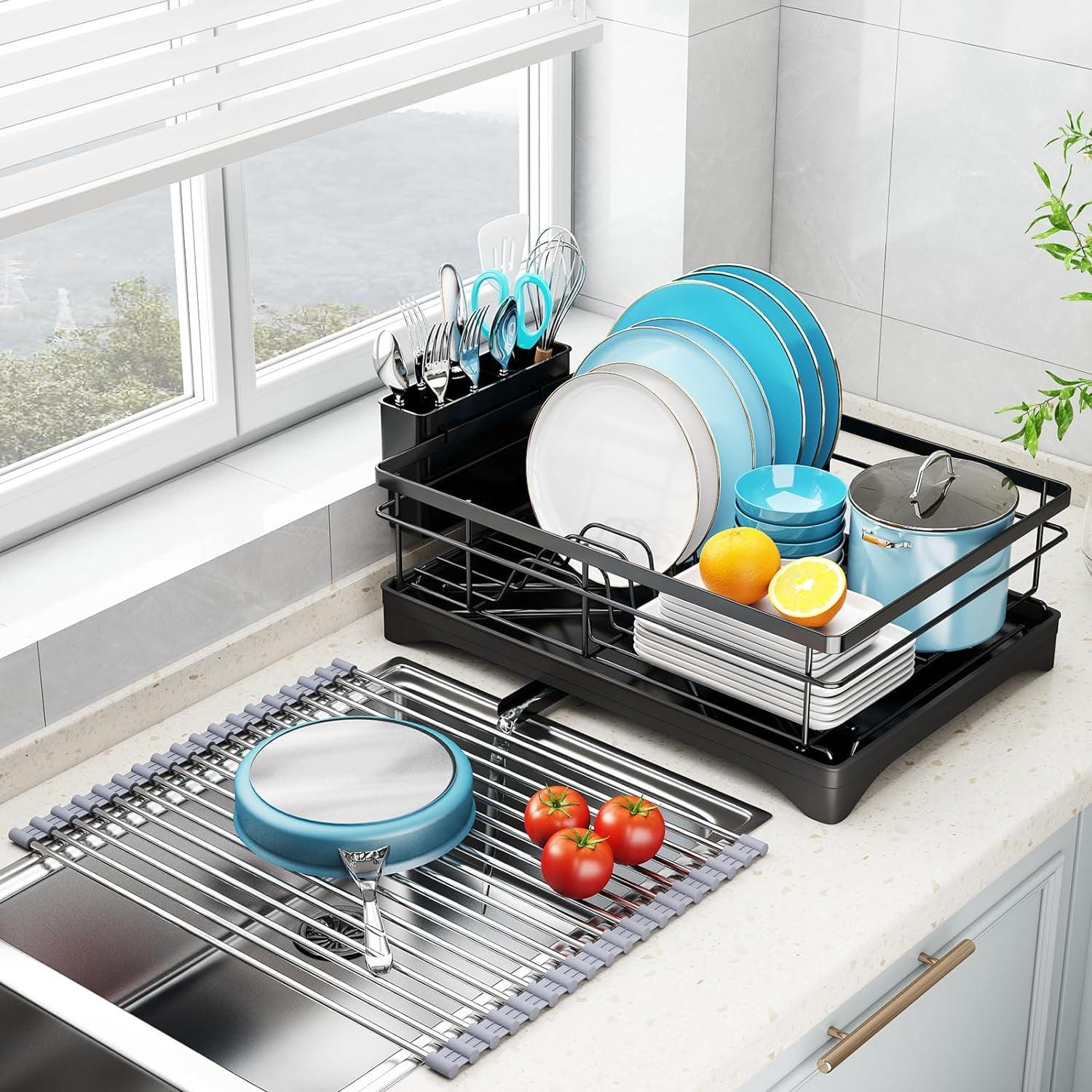 GPED Stainless Steel Dish Drying Rack with Cutlery Holder and Drainboard Walmart