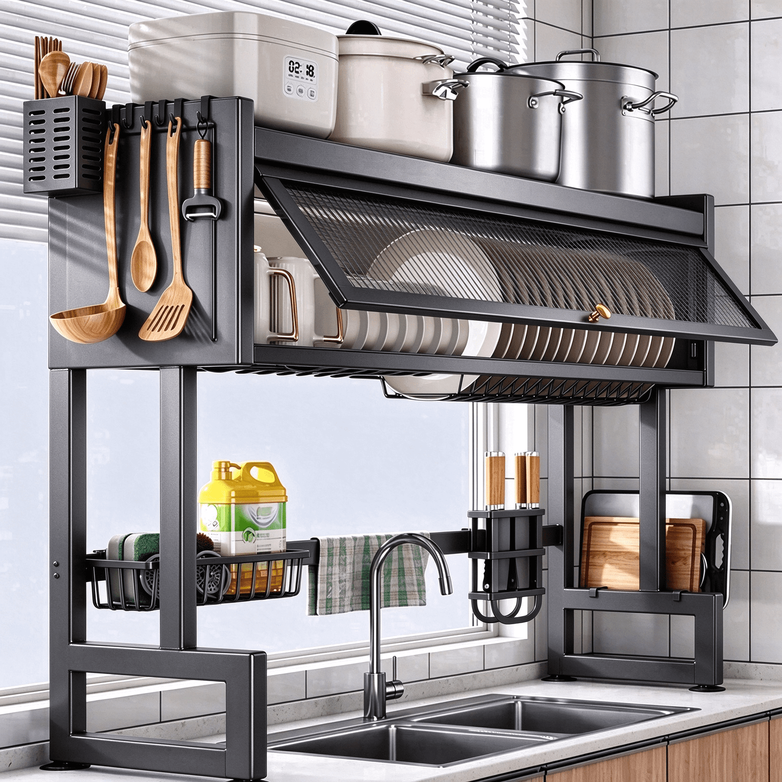 Dish Drying Rack, Large Stainless Steel Over The Sink 2 Tier Dish Rack with Cover for Kitchen (Black, Large 33.5" Length)