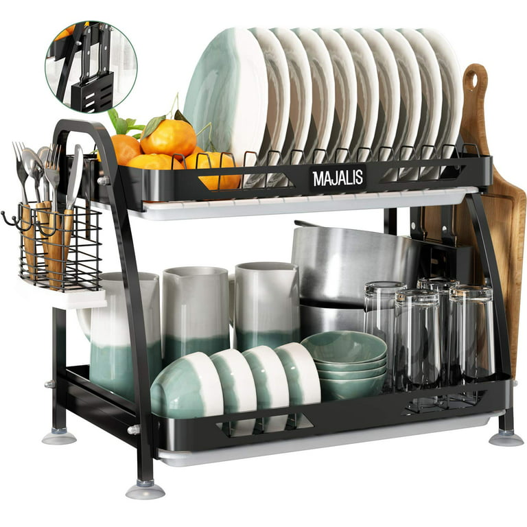 Dish Drying Rack, MAJALIS 2 Tier Large Dish Rack for Kitchen Counter,  Stainless Steel Dish Drainer with 3 Drainboard, Utenil Holder and Cutting