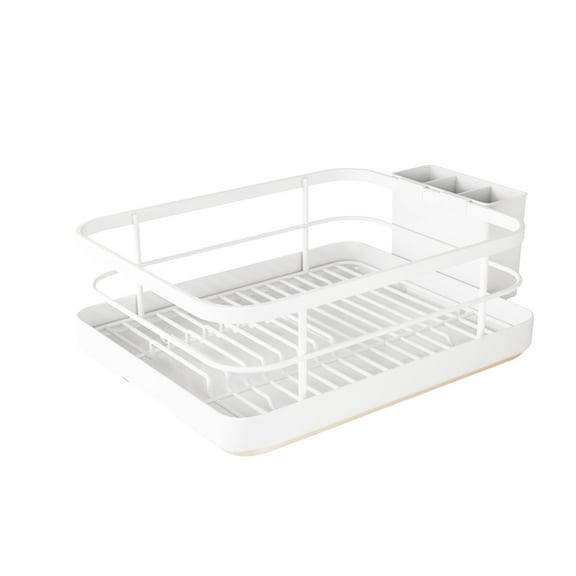 Dish Drying Rack, Multi-Function Dish Racks for Kitchen Counter, Carbon Steel Dish Rack with Cutlery Holder and Drip Tray, Space-Saving Kitchen Organizer, White, 13.39x10.24 Inch