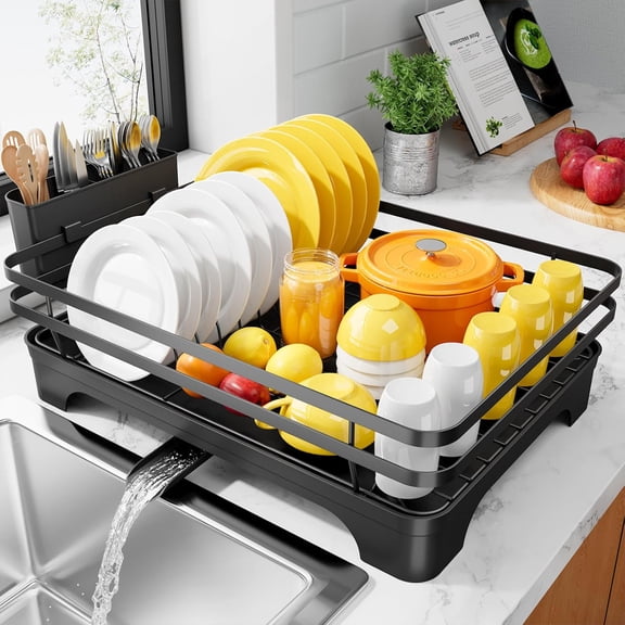 Dish Drying Rack - Multi-Functional Dish Rack for Kitchen Counter with Cutlery Holder, Rust-Proof Storage Solution with Rotatable, 15.7" x 12.0" x 5.5", Black