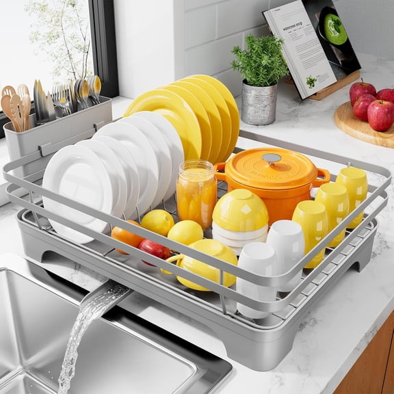 Dish Drying Rack - Multi-Functional Dish Rack for Kitchen Counter with Cutlery Holder, Rust-Proof Storage Solution with Rotatable, 15.7" x 12.0" x 5.5", Grey