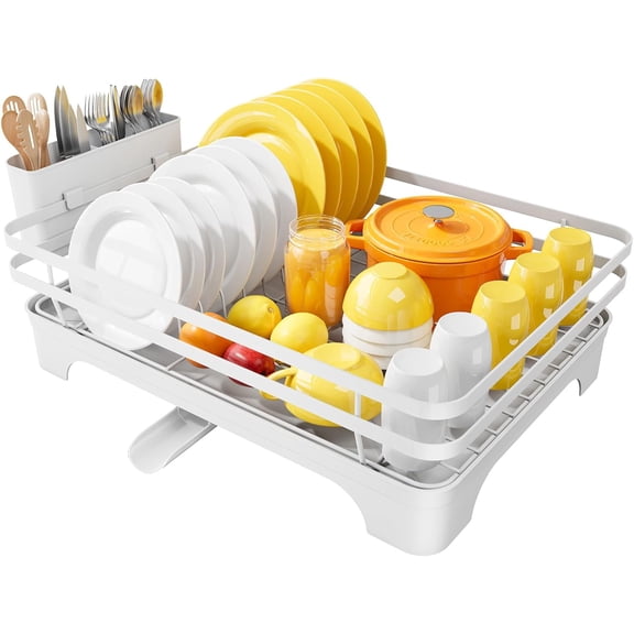 Dish Drying Rack - Multi-Functional Dish Rack for Kitchen Counter with Cutlery Holder, Rust-Proof Storage Solution with Rotatable, 15.7" x 12.0" x 5.5", White