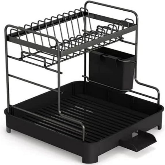 Dish Drying Rack -Multifunctional Dish Rack, Rustproof Kitchen Dish Drying Rack with Drainboard & Utensil Holder, 2-Tier Dish Drying Rack with a Large Capacity for Kitchen Counter (Black)