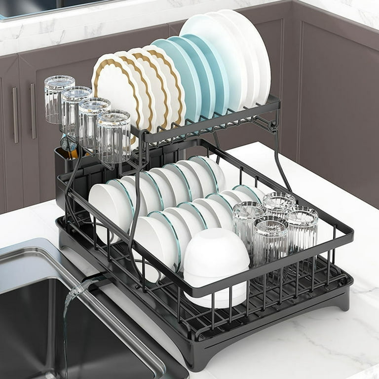 TJWLP Dish Drying Rack, Rustproof 2-Tier Dish Rack with Drainboard