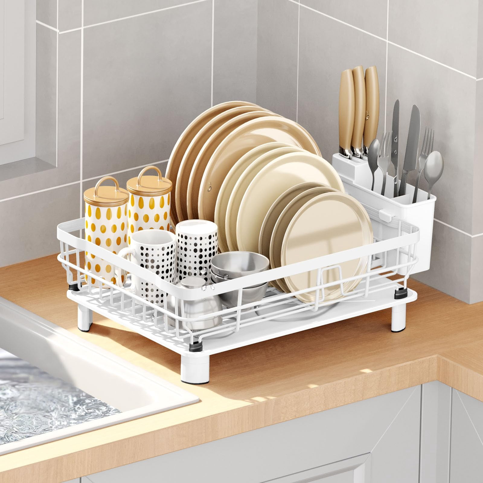 Dish Drying Rack Over Sink with Drainboard, 1-Tier White Organizer for Plates Cups Bowls Utensils Pots Pans