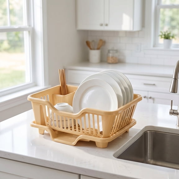 Dish Drying Rack, Plastic Dish Racks for Kitchen Counter with Cutlery Slot & Removable Drip Tray, Large Tableware Storage Organizer, Multiple Colors Available, 1 Pack.Coffee