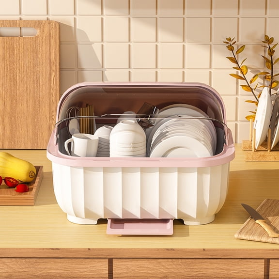 Dish Drying Rack,Plastic Plate Cup Dryer Holder with Lid Removable Drainboard,Cutlery Utensil Dish Nursing Bottle Organizer for Tableware,Kitchen Cabinet(Pink)