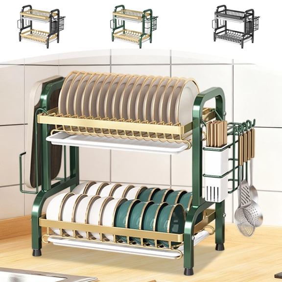 Dish Drying Rack, Plate and Bowl Organizer, Countertop Drainer with Utensil Holder, Adjustable Kitchen Storage, Space Saving Design