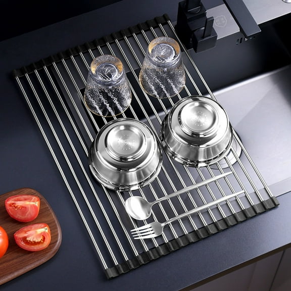 Dish Drying Rack Roll Up Dish Racks Multipurpose Foldable Stainless Steel Over Sink Kitchen Drainer Rack for Cups Fruits Vegetables Black 19.68inX11.41in