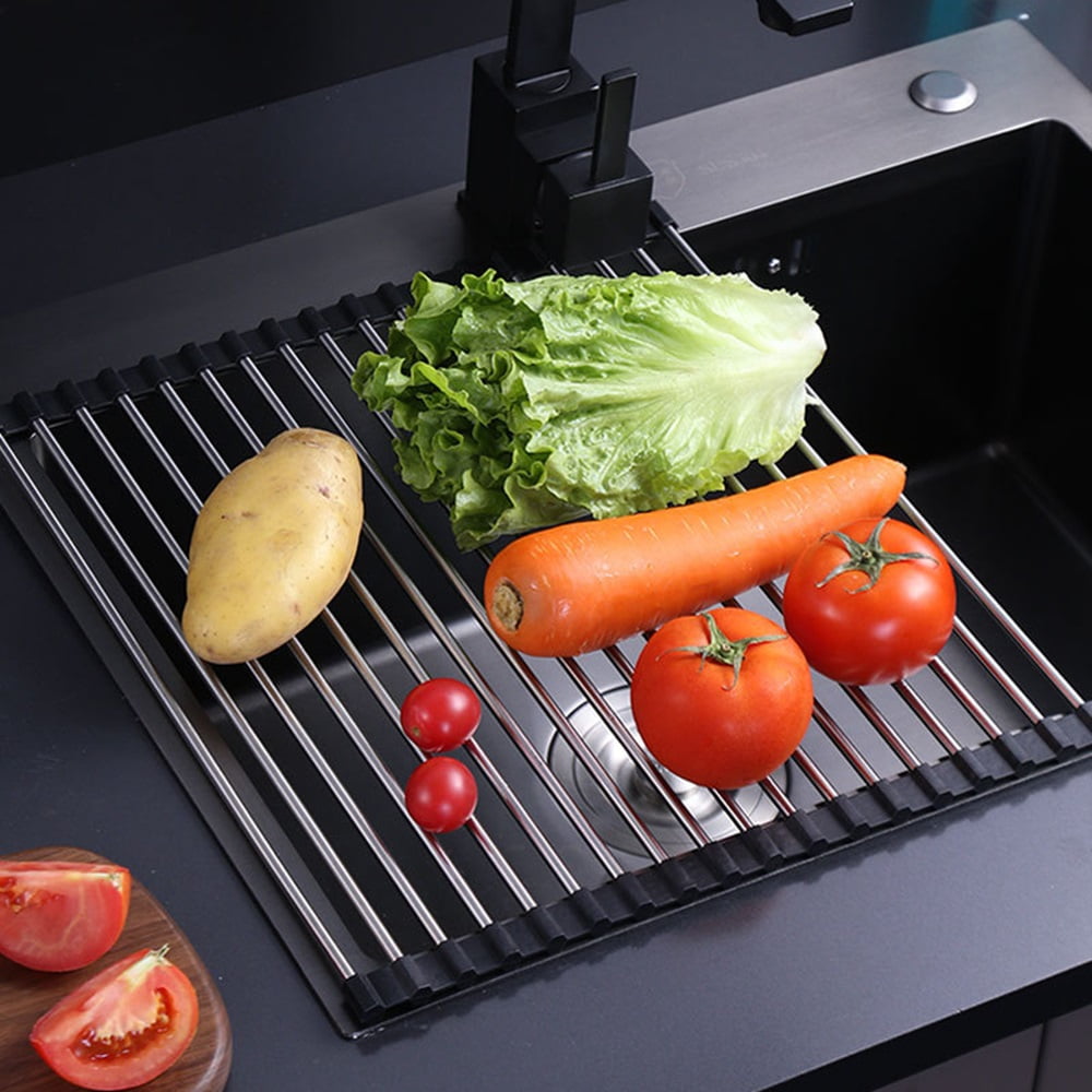 Dish Drying Rack Roll Up Dish Racks Multipurpose Foldable Stainless Steel Over Sink Kitchen Drainer Rack for Cups Fruits Vegetables Black 20.47in X 15.35in