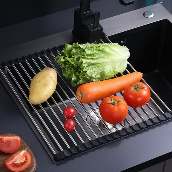 Dish Drying Rack Roll Up Dish Racks Multipurpose Foldable Stainless Steel Over Sink Kitchen Drainer Rack for Cups Fruits Vegetables Black 20.47in X 15.35in