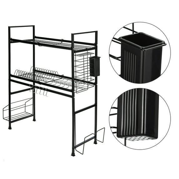 Dish Drying Rack, Rust-Resistant Small 2 Tier Dish Rack with Drainboard Set, Dish Drainer with Utensil Holder & Cup Holder for Kitchen Counter