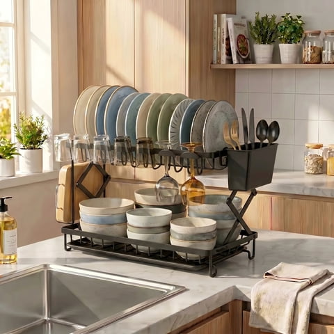 Glovv 2-Tier Collapsible Dish Drying Rack, Large Dish Racks for Kitchen Counter, Dish Drainer Sink Organizer with Utensil Holder for Dishes, Spoons and Forks, Black