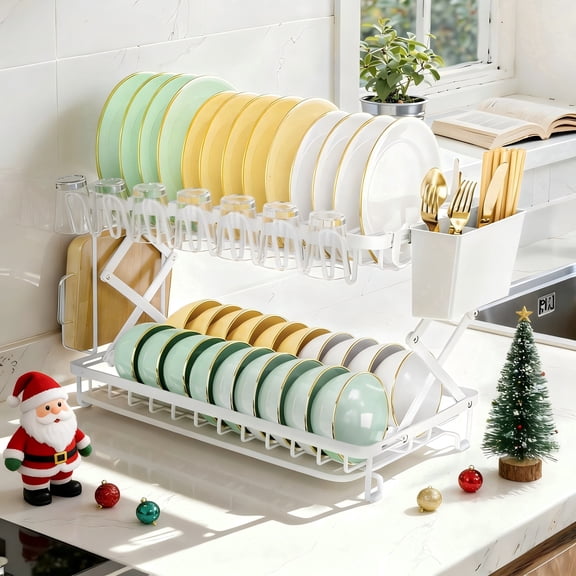 Glovv 2-Tier Large Dish Racks for Kitchen Counter, Space Saving Collapsible Dish Drying Rack, Dish Drainer Sink Organizer with Utensil Holder for Dishes, Spoons and Forks, White