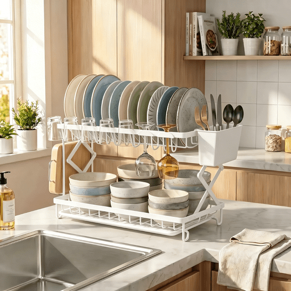 Glovv 2-Tier Large Dish Racks for Kitchen Counter, Space Saving Collapsible Dish Drying Rack, Dish Drainer Sink Organizer with Utensil Holder for Dishes, Spoons and Forks, White