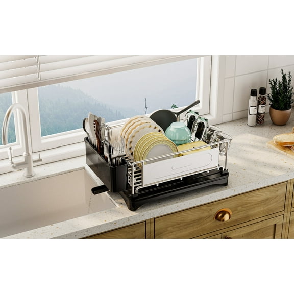Dish Drying Rack Single Layer with Utensil Holder, Adjustable Spout Auto-Draining Dish Rack for Kitchen Counter, Large Capacity for Plates, Bowls, Cups, Dish Drainer with Drainboard, Stainless Steel