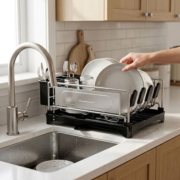 Dish Drying Rack Single Layer with Utensil Holder, Adjustable Spout Auto-Draining Dish Rack for Kitchen Counter, Large Capacity for Plates, Bowls, Cups, Dish Drainer with Drainboard, Stainless Steel
