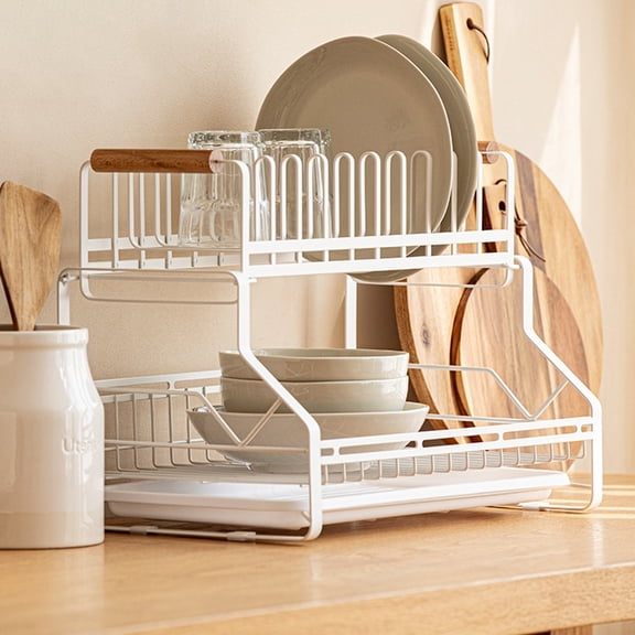 Dish Drying Rack For Sink, 2 Tier Dish Racks For Kitchen Counter, Large Dish Drying Rack With Drainboard & Utensil Holders, Rust-Proof Dish Drainer Rack For Dishes, Spoon
