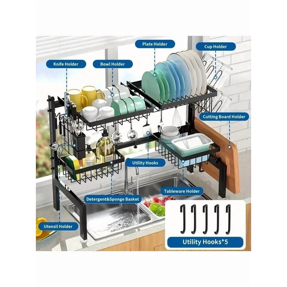 Dish Drying Rack Over the Sink, Adjustable Multifunctional Kitchen Organizer with Utensil Holder, Cutting Board Storage Stand, and Drain Basket Counter Shelf