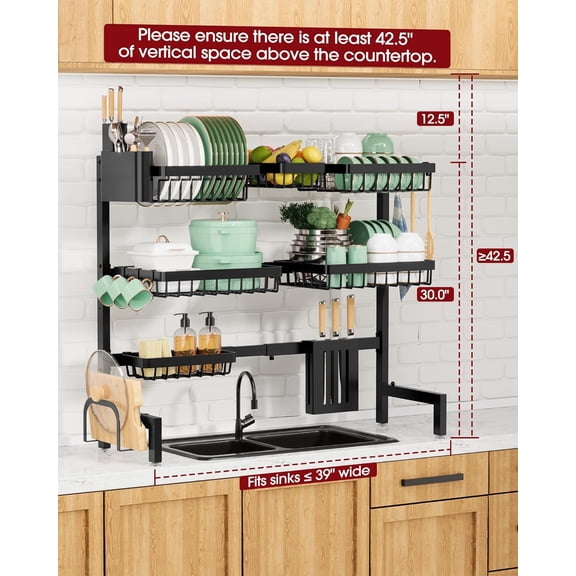 Dish Drying Rack - Over The Sink Dish Drainer Drying Rack with Utensil & Knife Holder, Hooks, Stainless Steel Kitchen Organizers and Storage Solution, 11.8" D x 31.5"~39.0''W x 30" H, Black