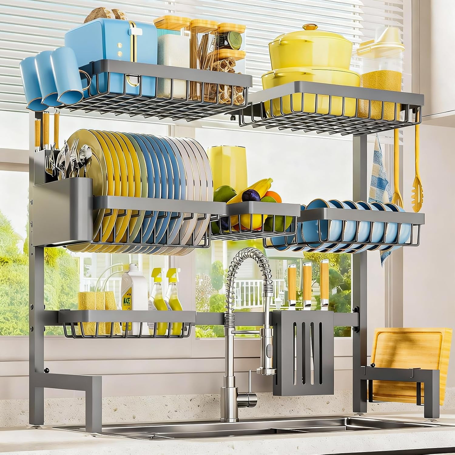 Dish Drying Rack - Over The Sink Dish Drainer Drying Rack with Utensil & Knife Holder, Hooks, Stainless Steel Kitchen Organizers and Storage Solution