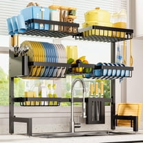MY Dish Drying Rack - Over The Sink Dish Drainer Drying Rack with Utensil & Knife Holder, Hooks, Stainless Steel Kitchen Organizers and Storage Solution, 11.8" D x 31.5"~39.0''W x 30" H, Black