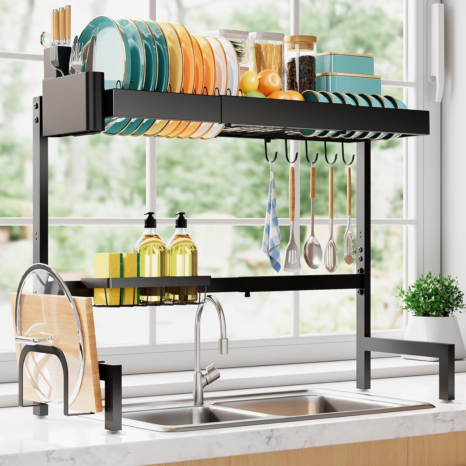 Dish Drying Rack - Over The Sink Dish Drainer Drying Rack with Utensil & Knife Holder, Hooks, Stainless Steel Kitchen Organizers and Storage Solution, 11.8" D x 31.5"~39.0''W x 30" H, Black