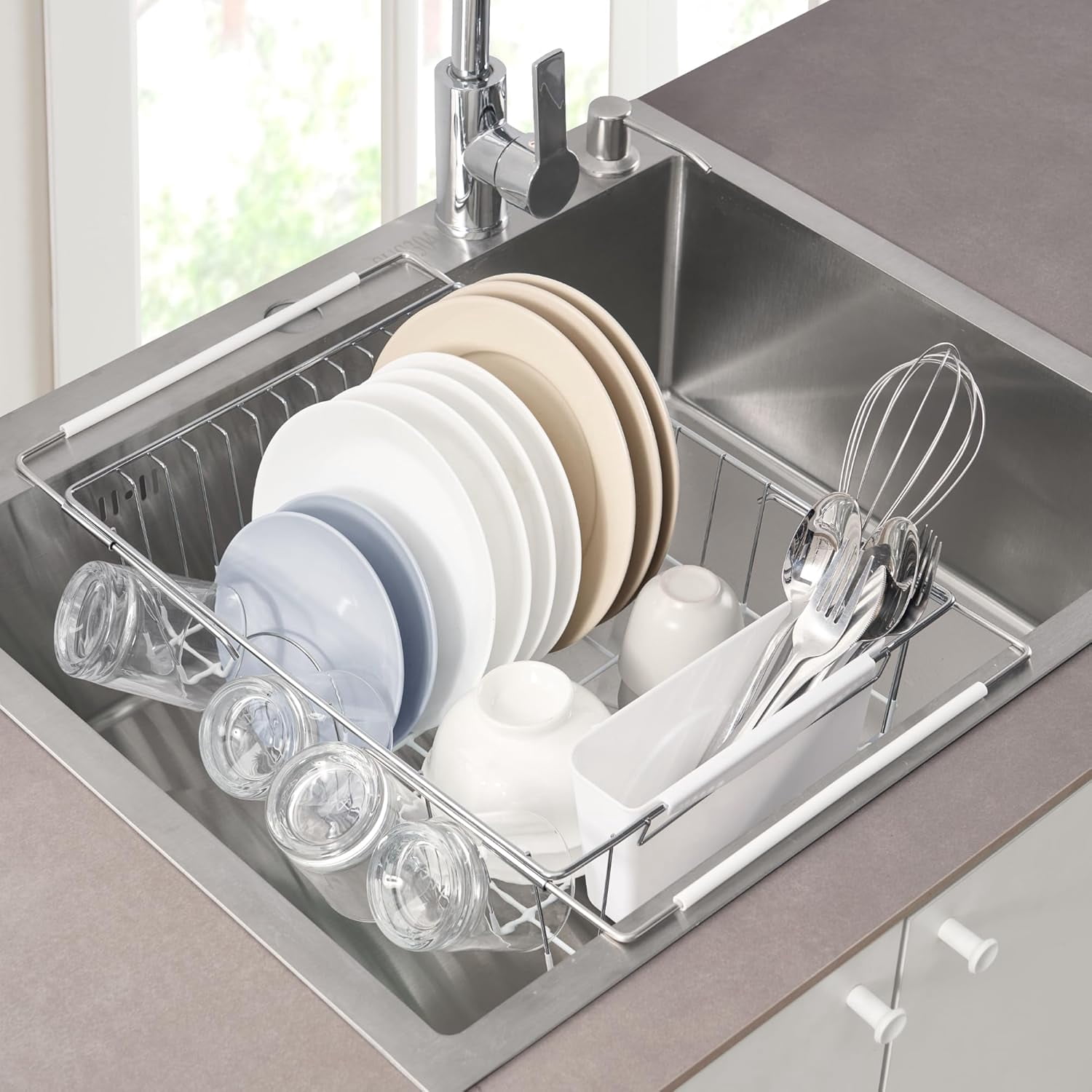 Dish Drying Rack Over The Sink Expandable to 24.5" Dish Drainer — Space-Saving Rectangular Kitchen Extending Drying Station with Utensil Holder, Fits Most Sinks for Easy Dish Organization, White