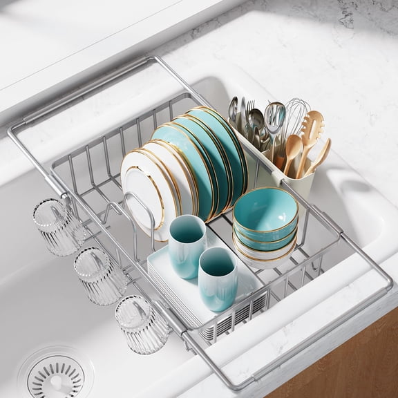 Dish Drying Rack in Sink - Expandable Stainless Steel Dish Rack Over the Sink, Kitchen Sink Drain Strainer with Cutlery Holder & Cup Holders, 15.4 x 9.8 x 3.0 Inch, Silver