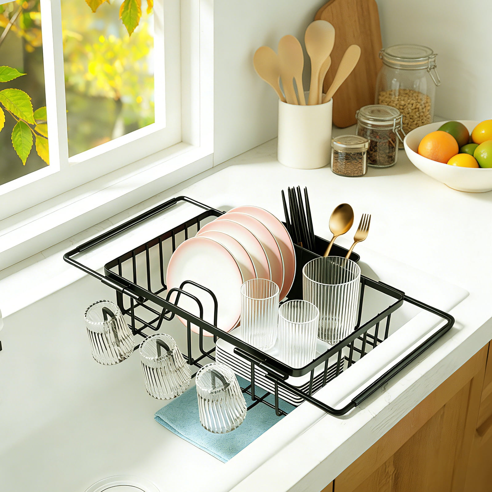 Dish Drying Rack in Sink , Expandable Stainless Steel Dish Rack Over The Sink, Kitchen Sink Drain Strainer with Cutlery Holder & Cup Holders, Fruit and Vegetable Drain Basket,15.74 x 10 x 3 Inch