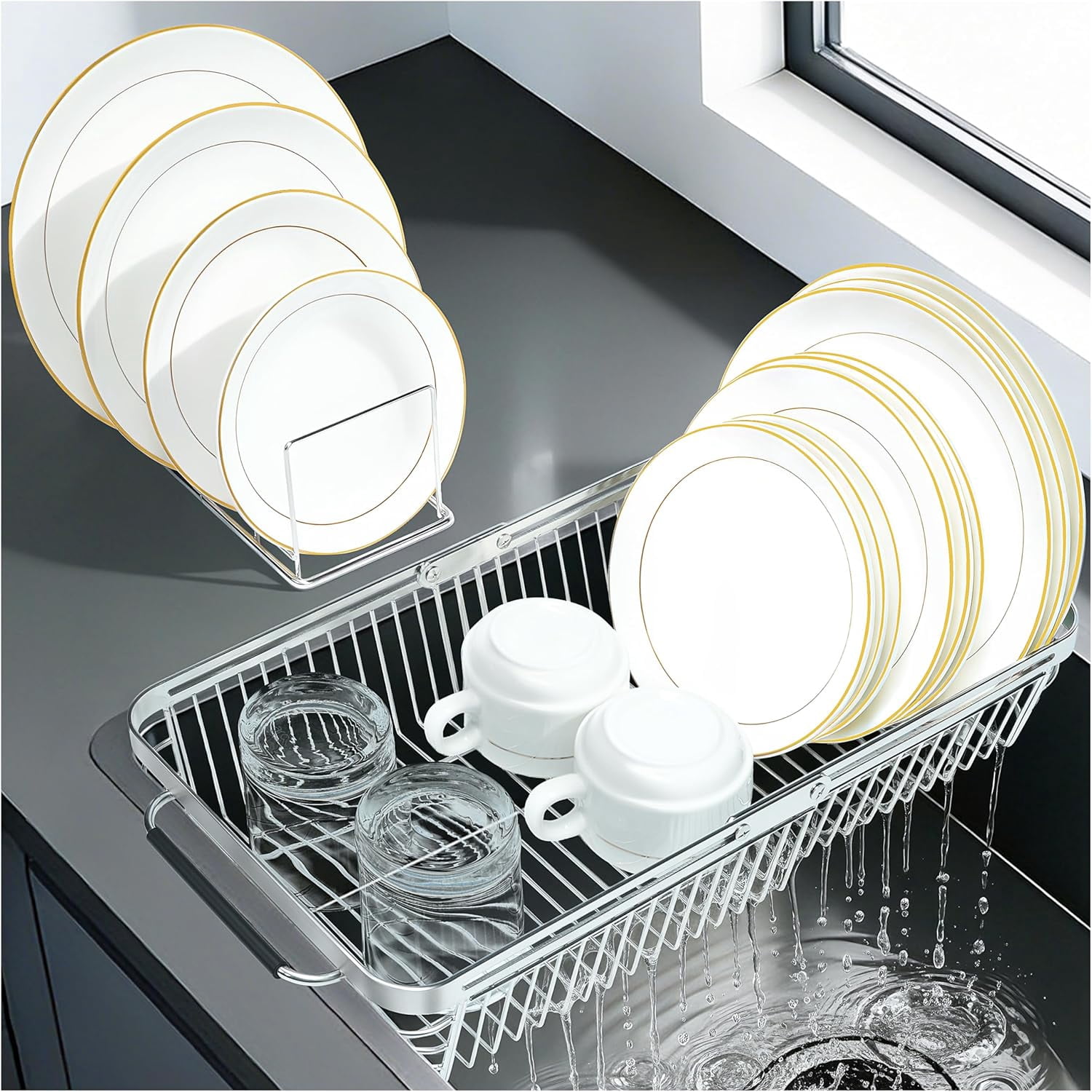 Dish Drying Rack Over The Sink, Stainless Steel for Kitchen Counter, Expandable Drainer for Kitchen Sink Organizer, 2-in-1 Extend Drain Basket and Plates Holder for Utensil Storage