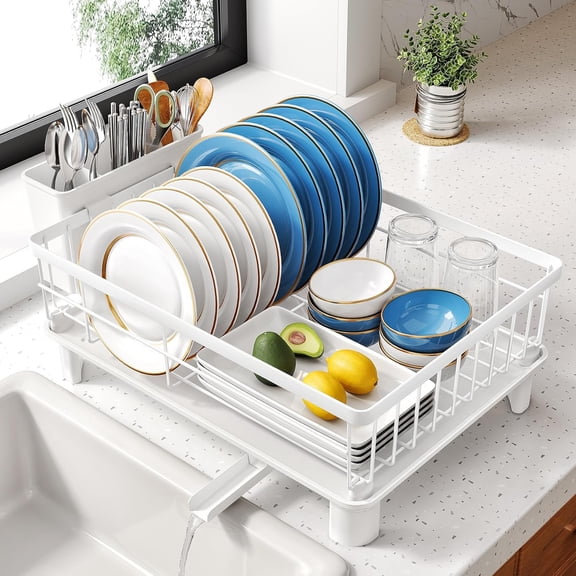 Dish Drying Rack - Small Dish Rack for Kitchen Counter, Stainless Steel Dish Drainer with Utensil Holder and Drainboard, 11" W x 15" L (White)