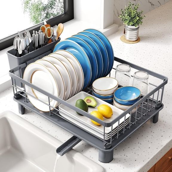 Dish Drying Rack - Small Dish Rack for Kitchen Counter, Stainless Steel Dish Drainer with Utensil Holder and Drainboard, 11" W x 15" L (Grey)