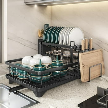Dish Drying Rack- Space-Saving Dish Rack, Dish Racks for Kitchen Counter, Stainless Steel Kitchen Drying Rack with a Cutlery Holder,12''W x 17''L, Black