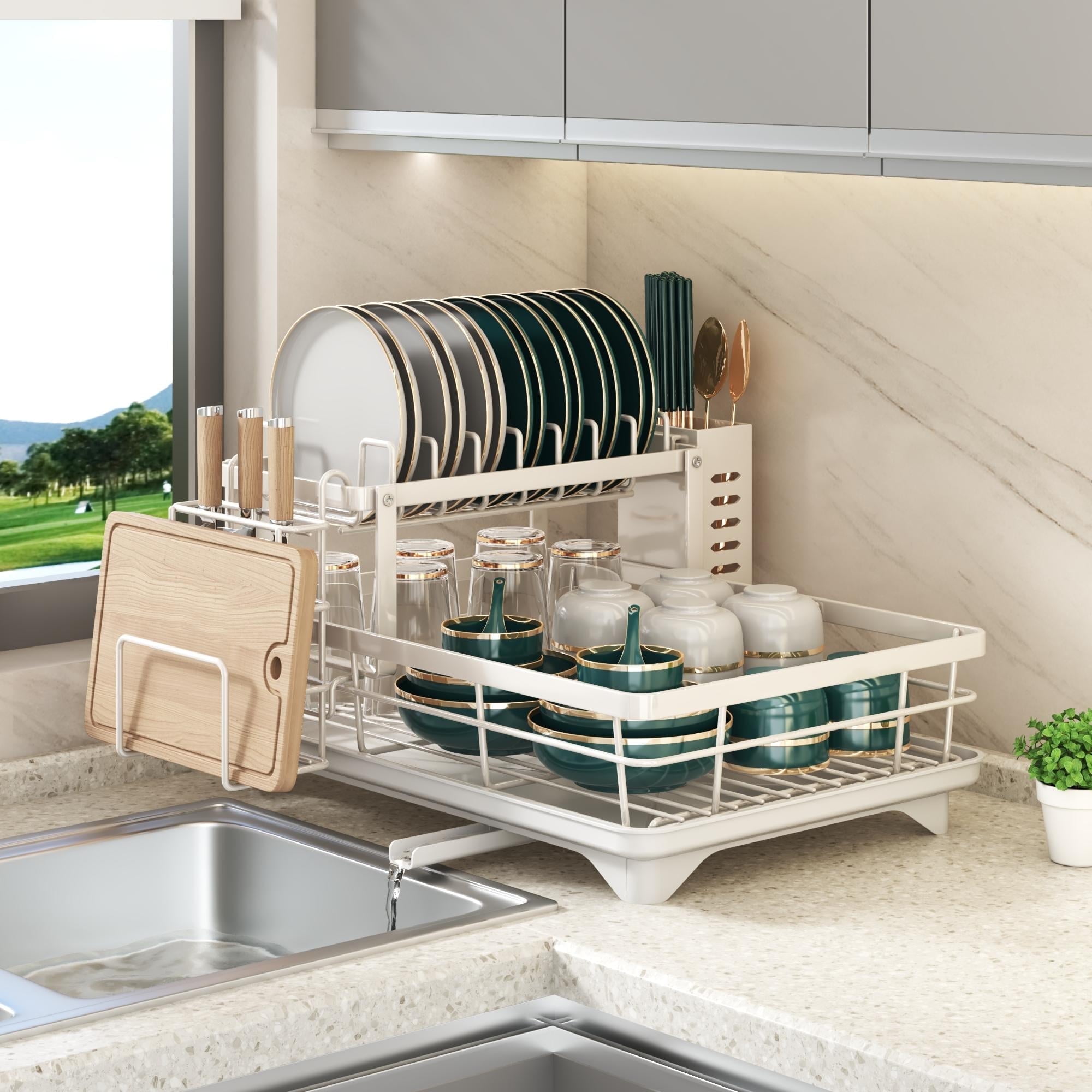 Dish Drying Rack- Space-Saving Dish Rack, Dish Racks for Kitchen Counter, Stainless Steel Kitchen Drying Rack with a Cutlery Holder,12''W x 17''L, White - Walmart.com