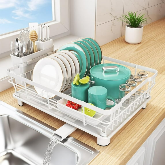 Dish Drying Rack - Space Saving Dish Rack - Dish Racks for Kitchen Counter with Drainboard,Rustproof Dish Drainer with Removable Utensil Holder,White